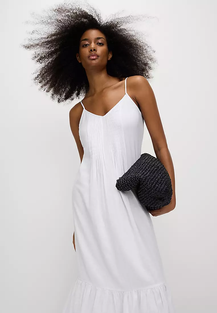 Linen Rich V-Neck Strappy Midaxi Dress