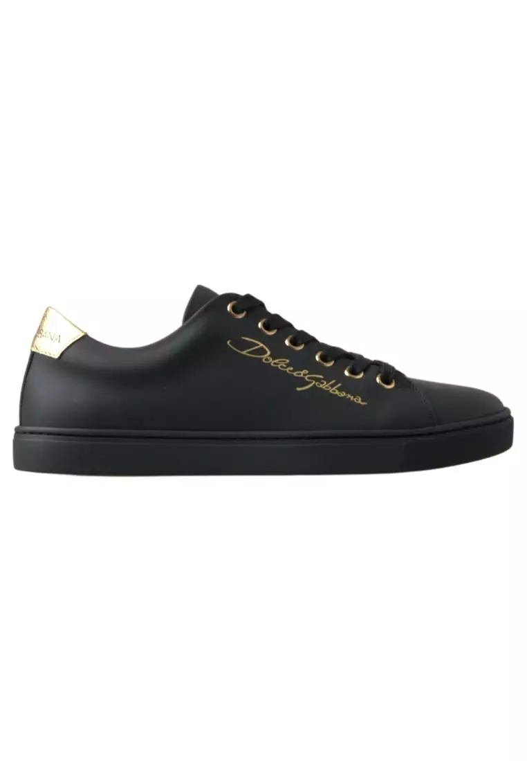 Dolce Gabbana Black Gold Leather Classic Sneakers Shoes