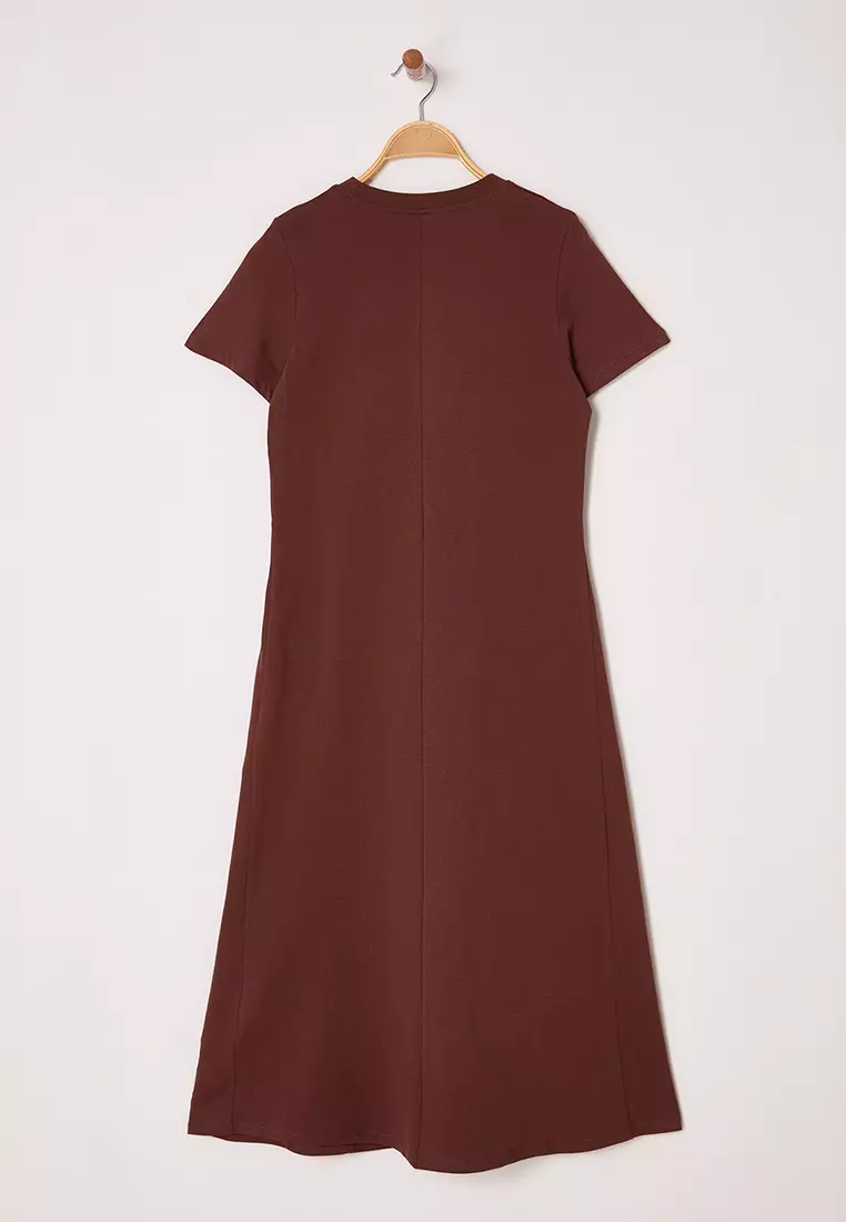 Pocketed Crew Neck A-Line Knitted Midi Dress