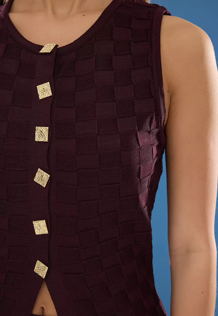 Burgundy Button Detail Vest-Skirt Knitwear Top Bottom Set
