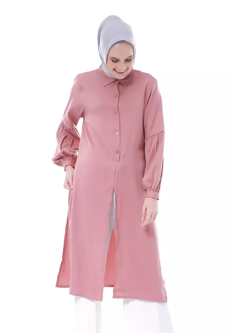 Syabilla Tunik Muslimah Wanita Long Sleeve Motif Polos Regular Fit - Dustypink