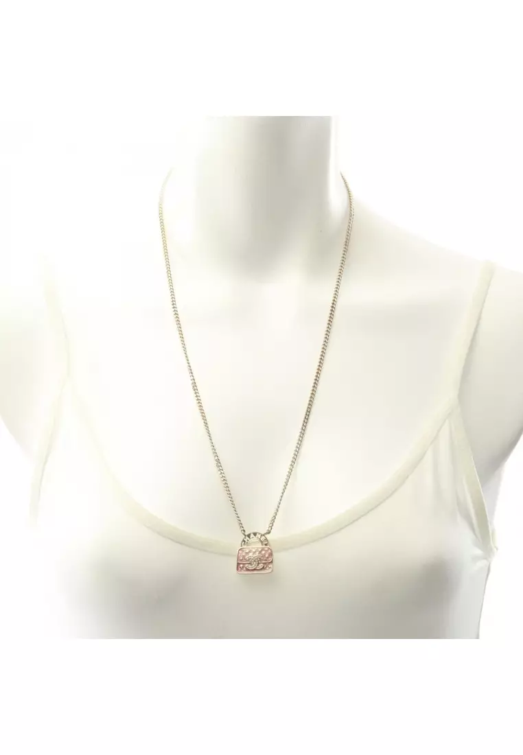 Pre-Loved Chanel coco mark bag motif necklace GP Rhinestone gold pink clear B24S