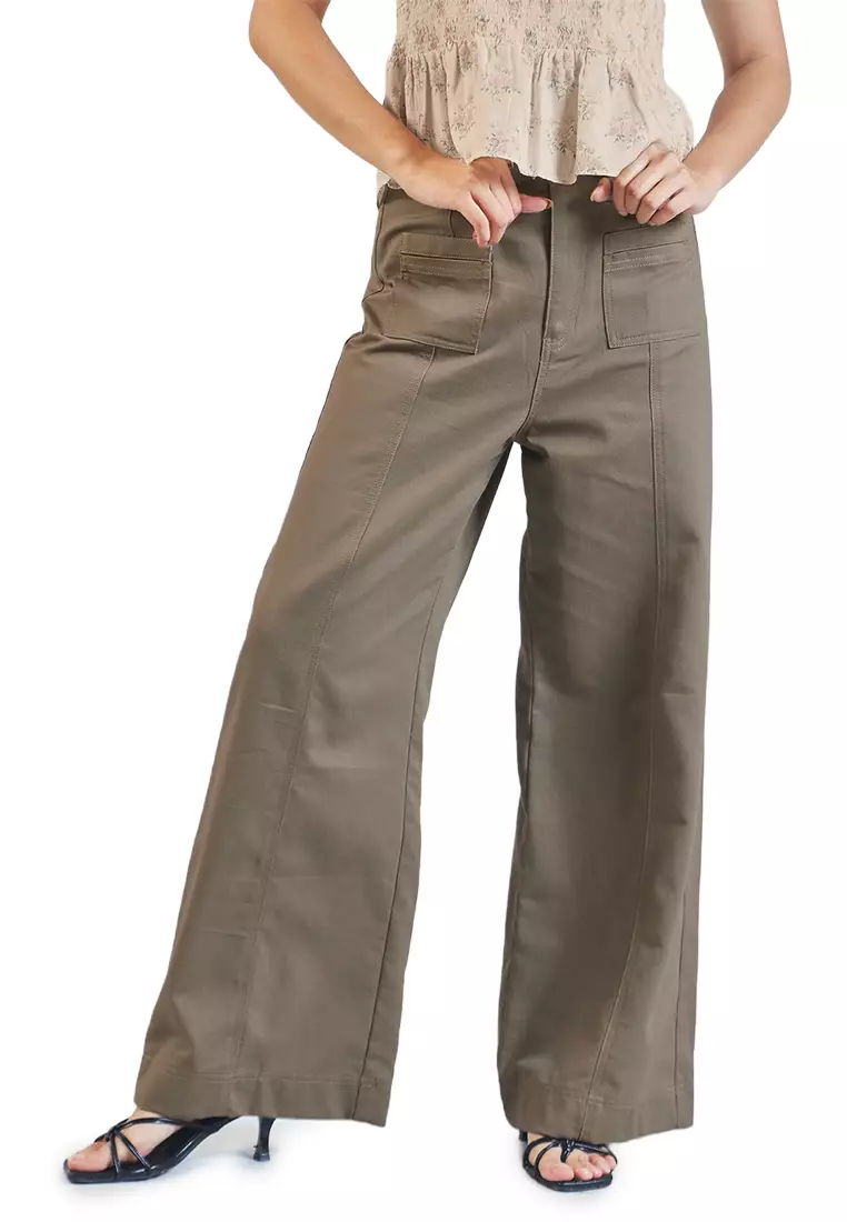 Twill Wide Leg  Pants with  Front Seam  and Pockets