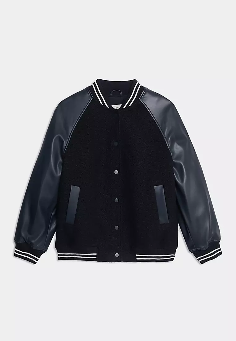 Faux Leather Relaxed College Bomber Jacket