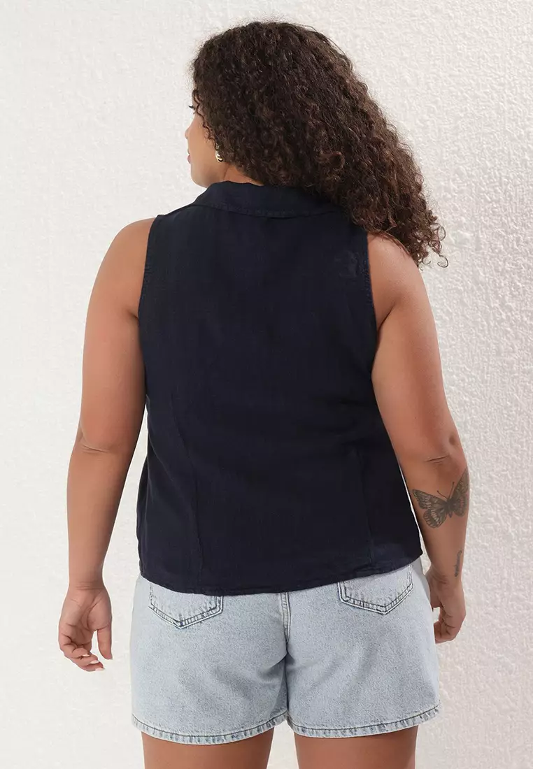 Navy Blue 100% Linen Woven Large Size Blouse Tbbss25Af00107