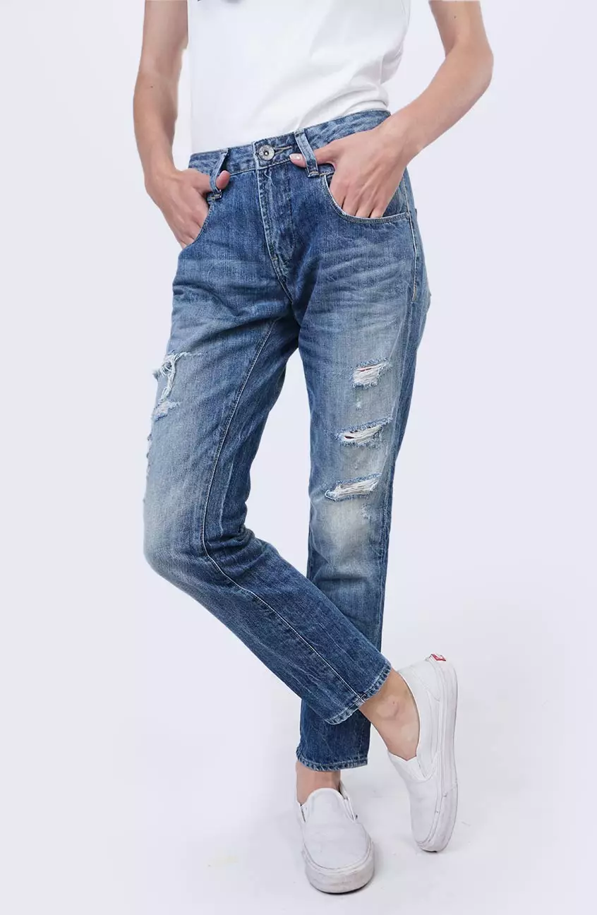 Celana Wanita Boyfriend 76 Series With Destroy Light Blue