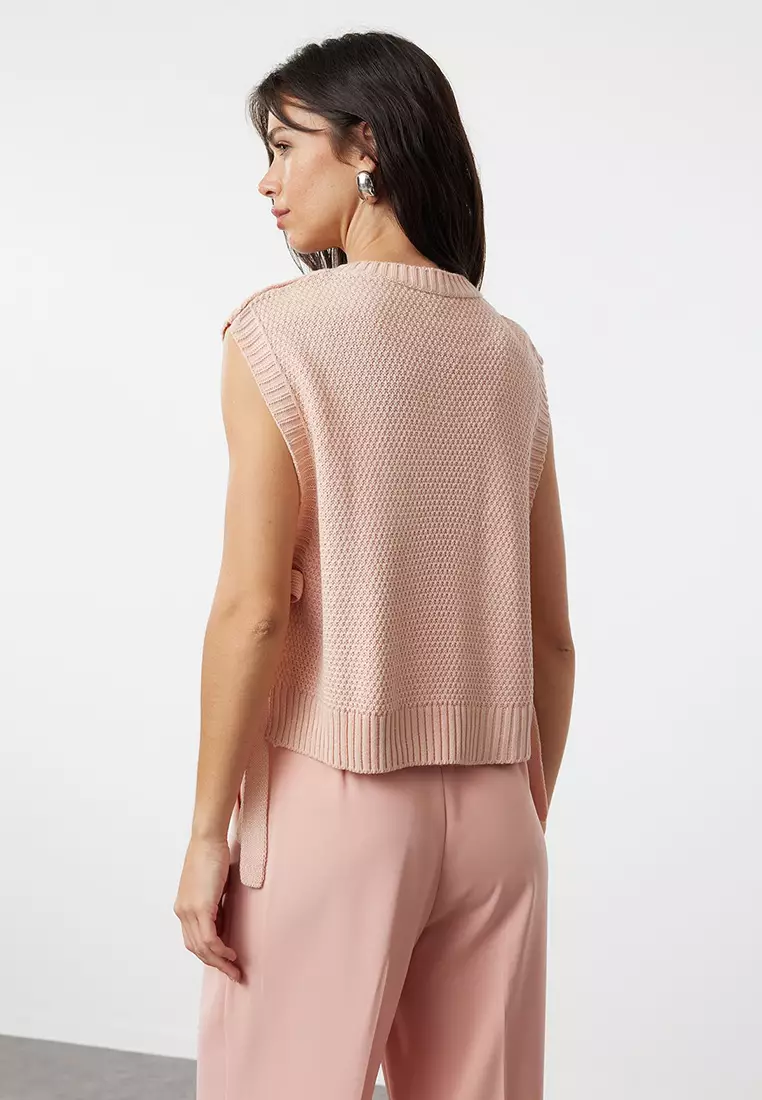 Pink Crop Side Ribbon/Bow Tie Detailed Knit Sweater TWOAW22SV0058