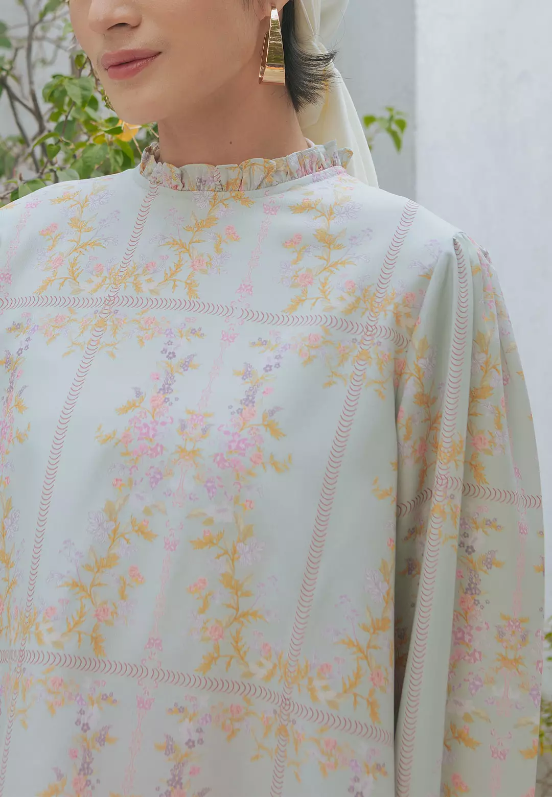 HijabChic Evanore Mist Blue Top - Blouse Lebaran Wanita Motif Bunga Pastel