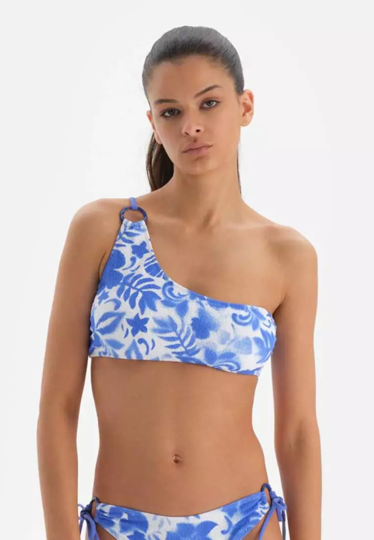 Blue - White Triangle Top Bikini Top, Floral Printed, One Shoulder, Removable Padding, Non-wired, Swimwear for Women