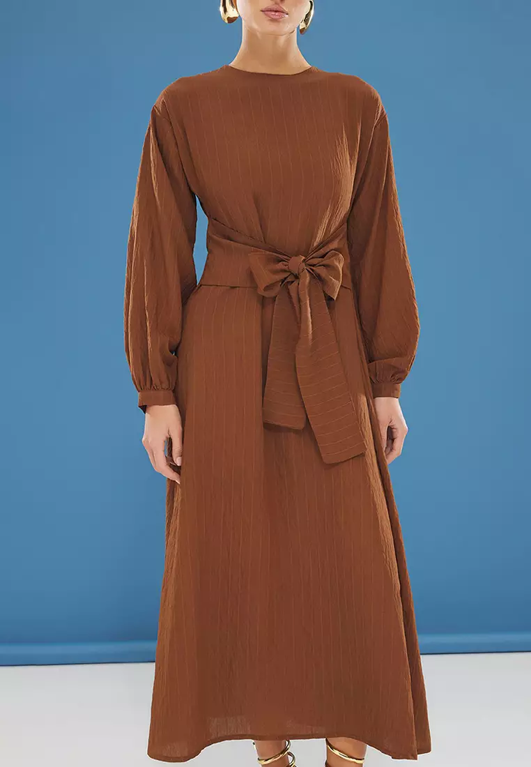 Brown Front Tie Woven Dress TCTSS24EB00131