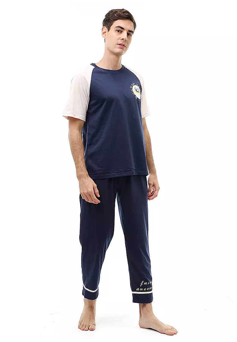 Klicin Setelan Piyama Baju Tidur Pria Short Sleeve Material Cotton ORIGINAL - Navy