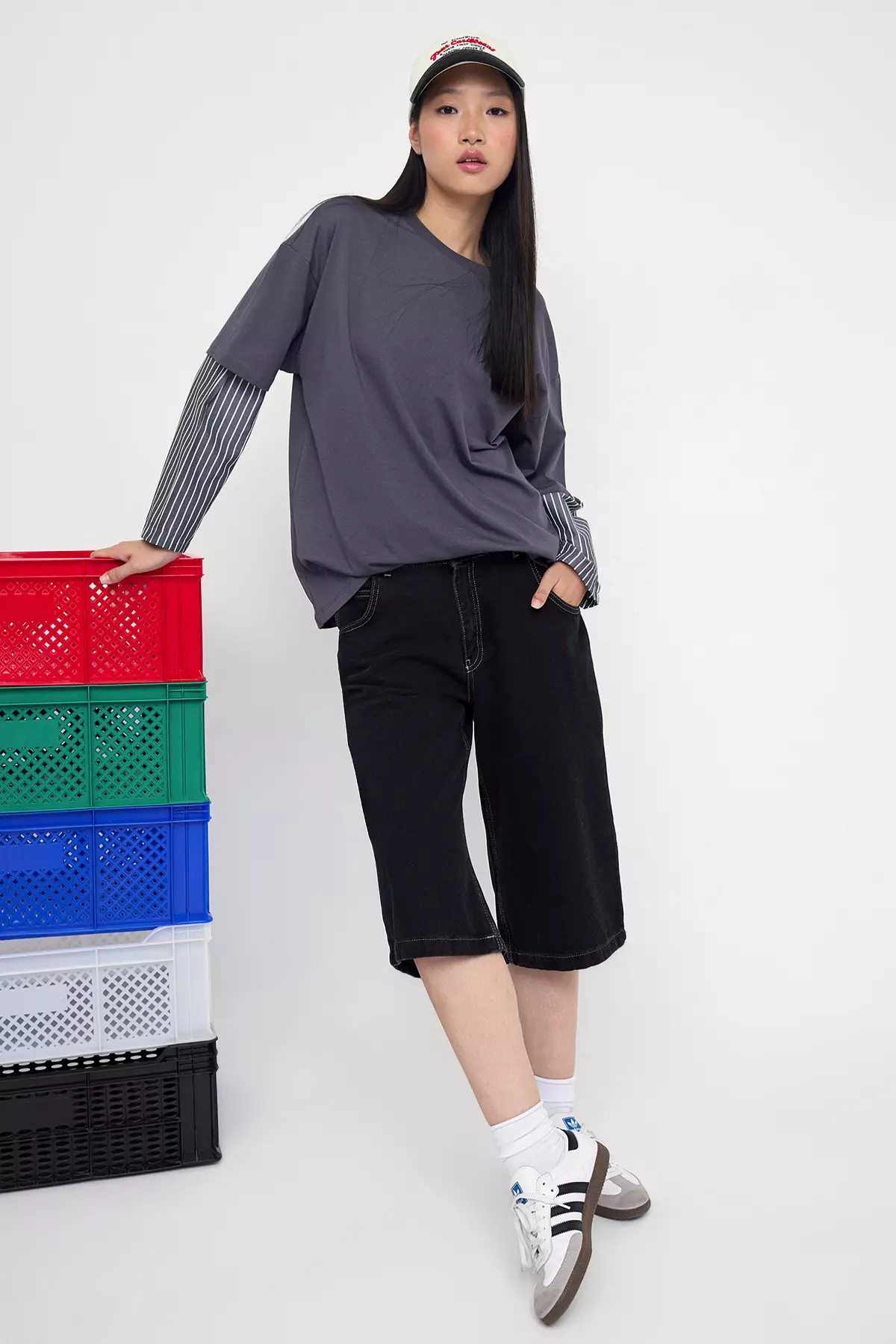 Teen Anthracite Woven Garni Detailed Oversize/Wide Pattern Long Sleeve Knitted T-Shirt Twoaw26Ts00003