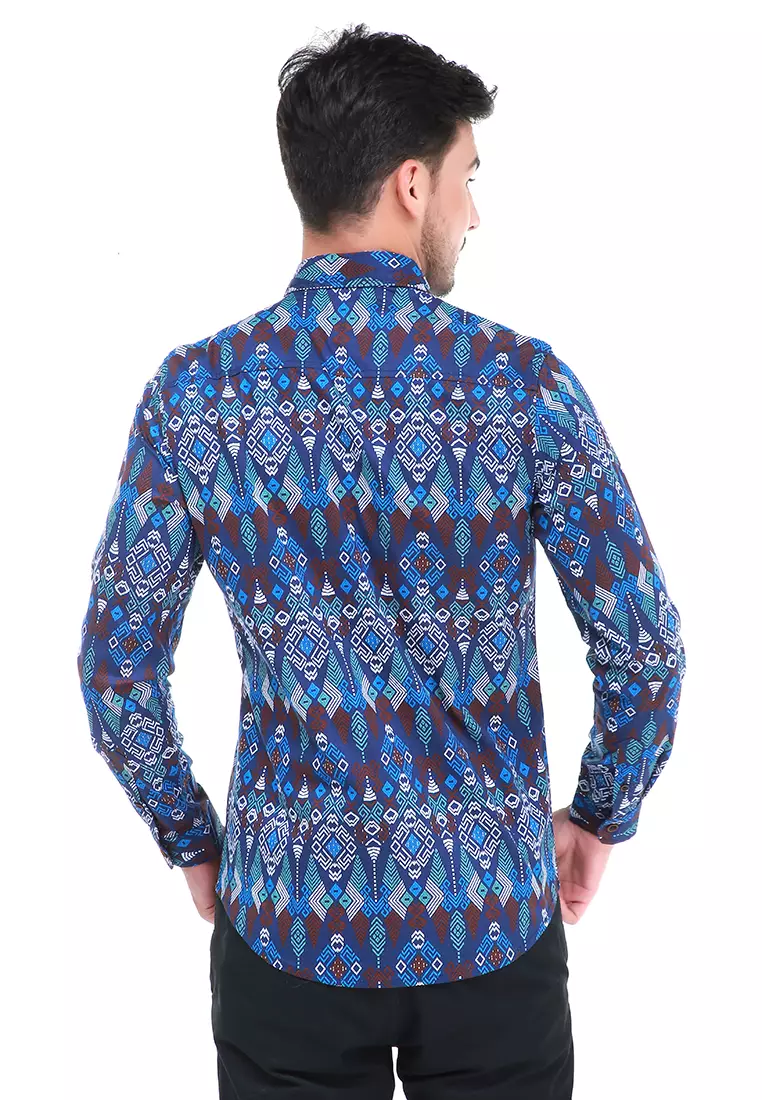 Dwan Kemeja Batik Pria Atasan Formal Longsleeve Shirt Material Cotton ORIGINAL - Navy