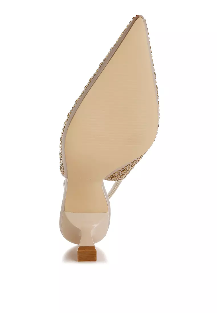 Pointed Toe Rhinestone Slingbacks in Beige