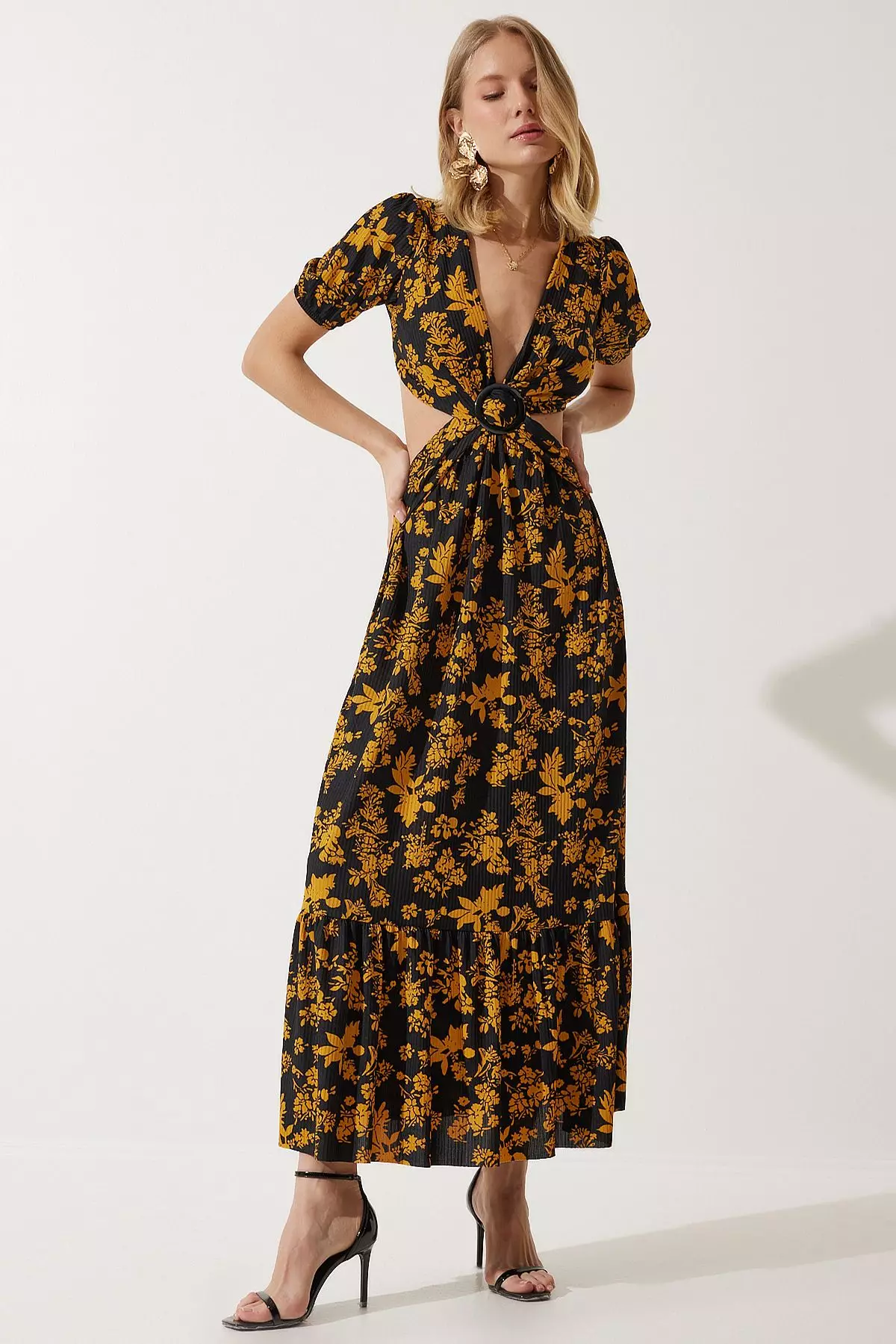 Pleated Floral Print Dress
