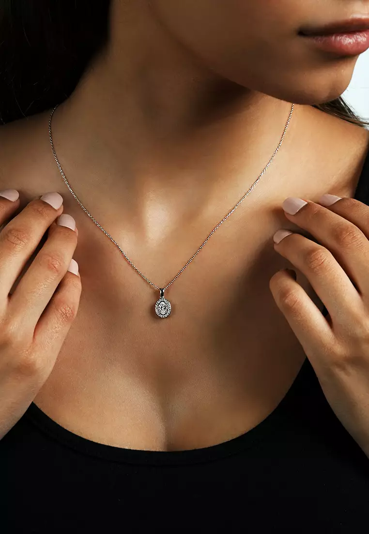Classic Oval Halo Lab Grown Diamond Pendant Necklace in 18K White Gold