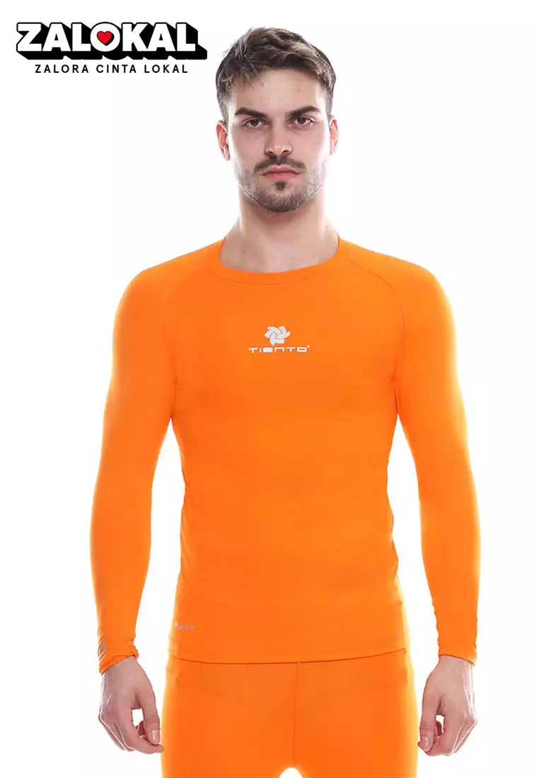 Tiento Man Baselayer Baju Ketat Manset Olahraga Pria Long Sleeve Orange Rashguard Sport Original