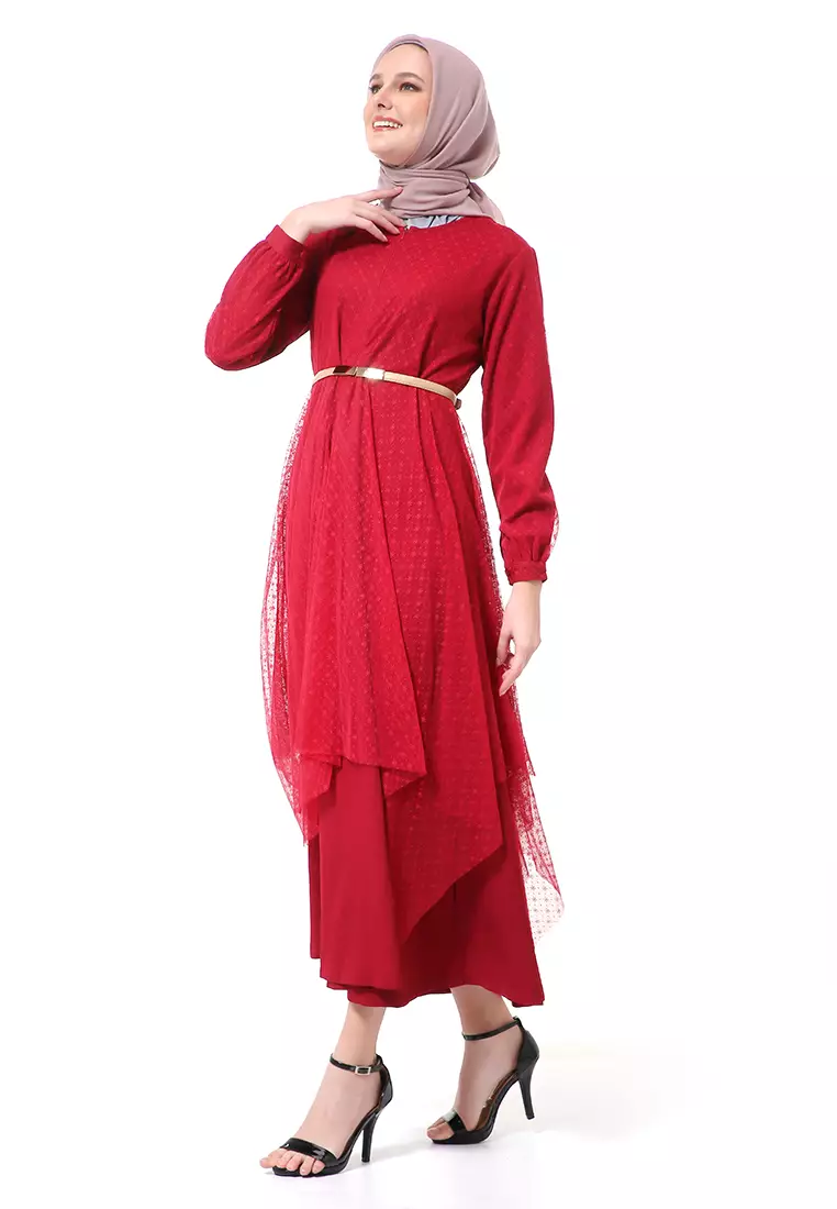 Zahwa Long Dress Gamis Muslimah Long Sleeve Free Belt High Quality - Maroon