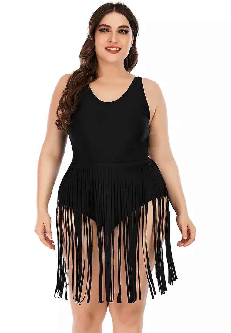 Plus Size Black Fringe One Piece Swimsuit