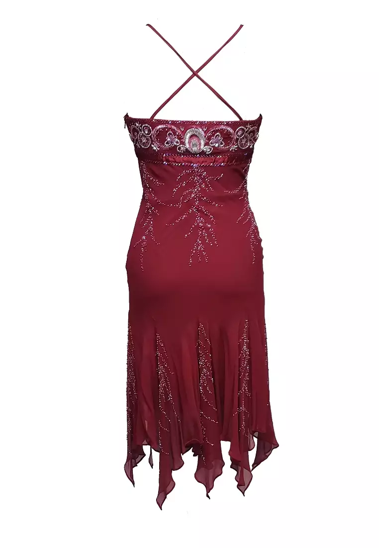 真絲雪紡釘珠不規則裙擺派對連衣裙