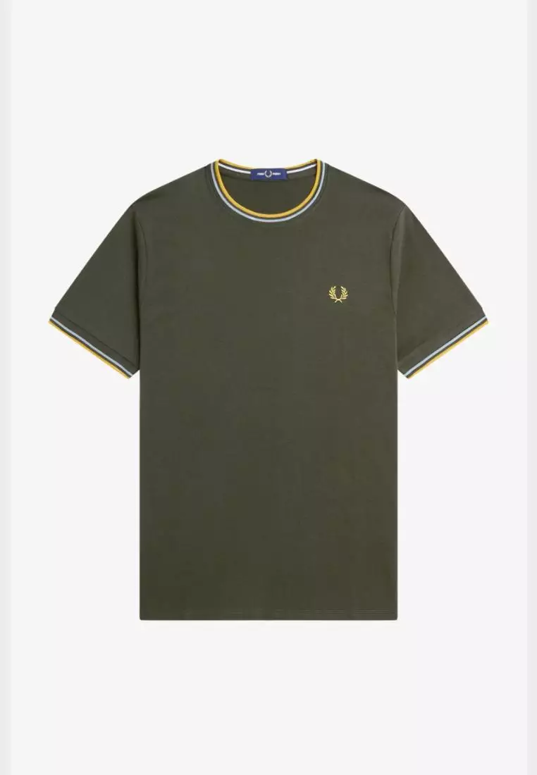 Fred Perry M1588 Twin Tipped T-Shirt (Hunting Green / Light Ice / Lemon Barley)