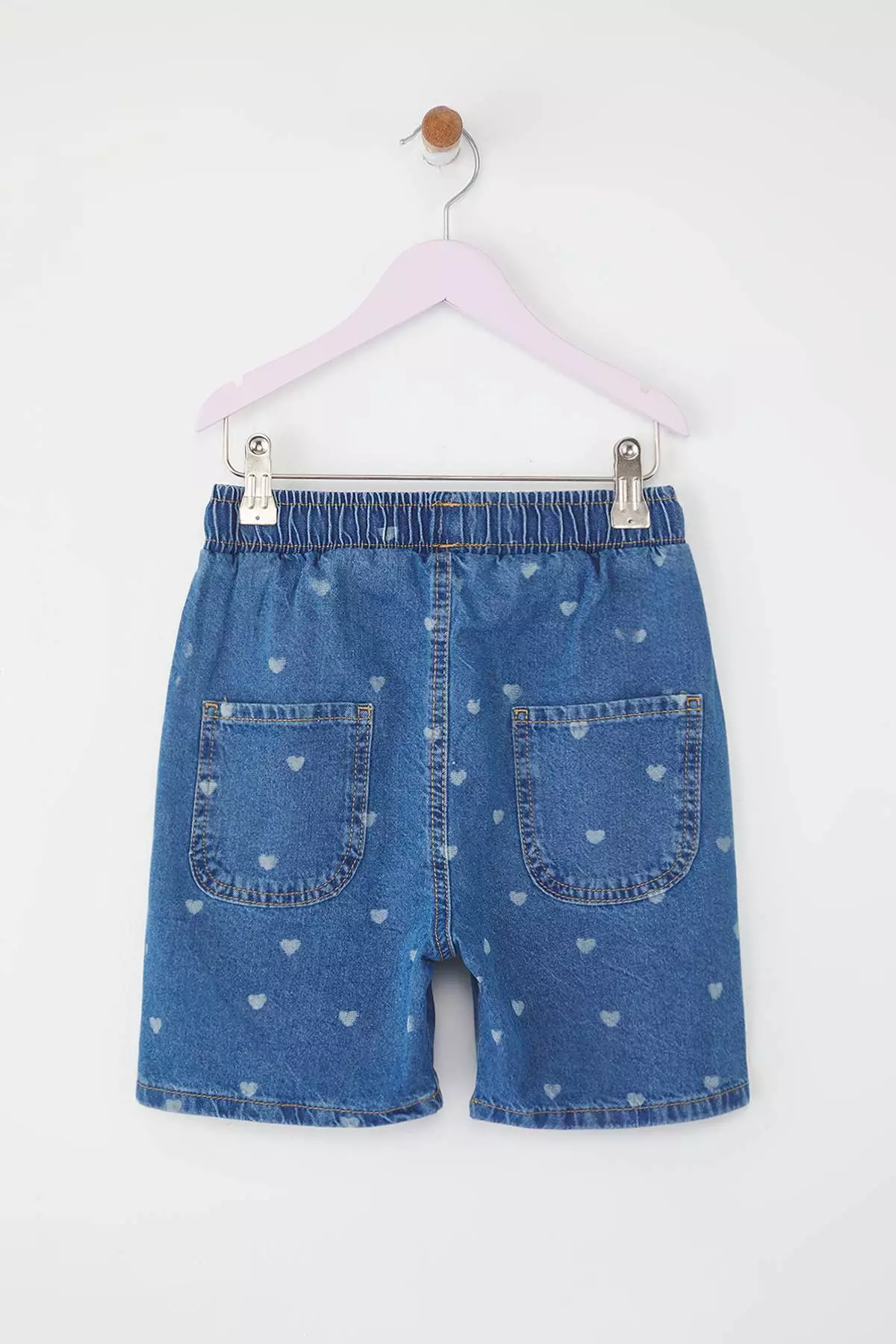 Blue Girl's 100% Cotton Heart Printed Elastic Denim Shorts Tkdss25Sr00029