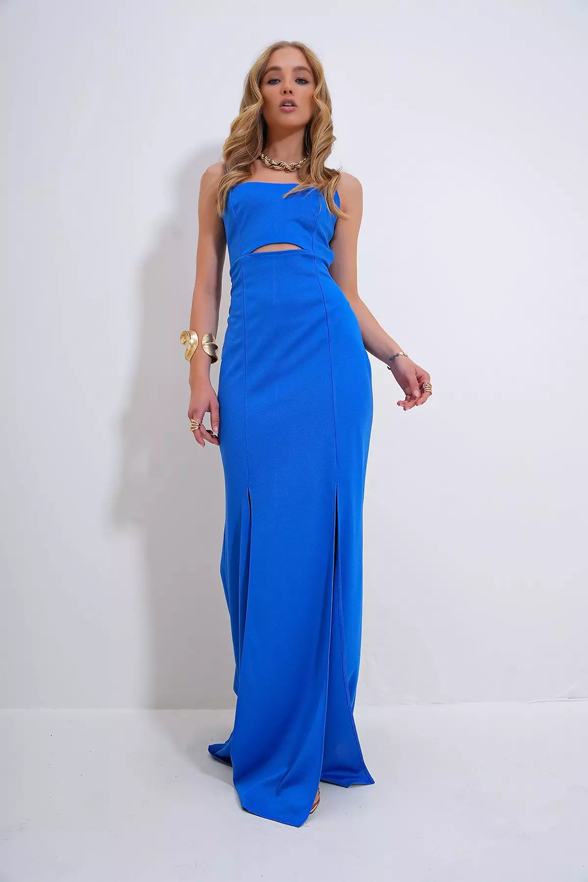 Women's Blue Adjustable Strap Out Cut Slit Graduation Dress