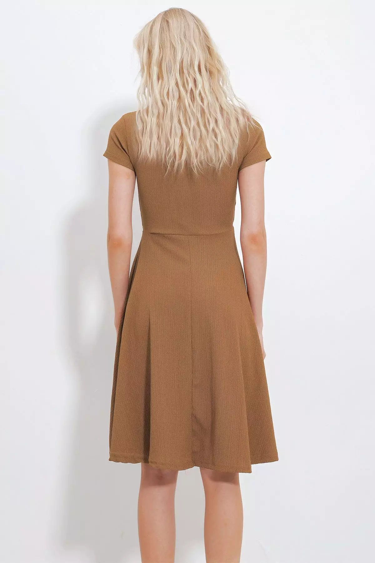 Women's Brown V-Neck Frilly Midilength Knitted Dress