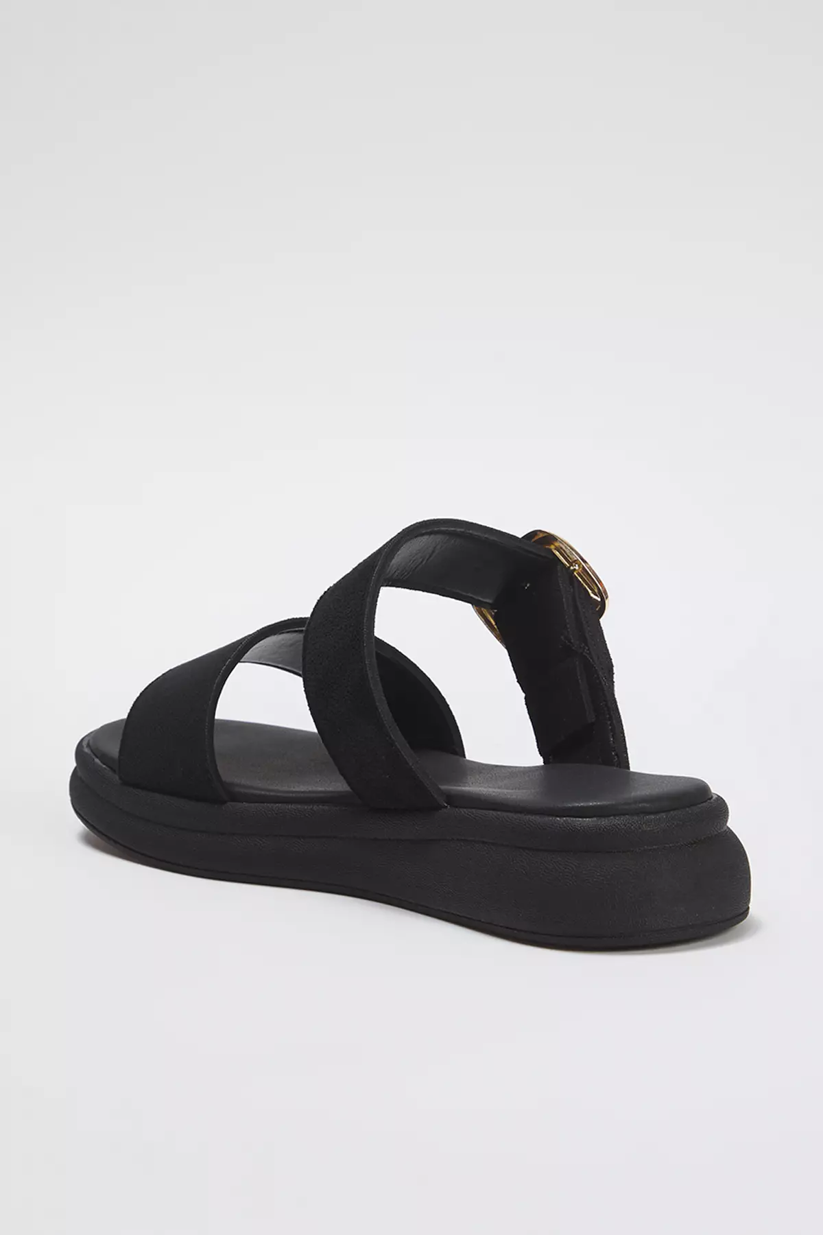 Black Suede Gold Buckle Flat Women's Slippers Takss25Te00006
