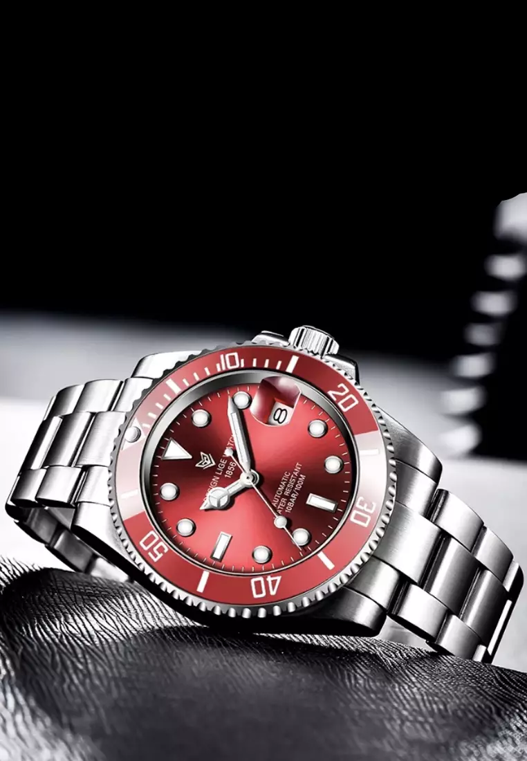 AUTOMATIC Unisex Diver's Stainless Steel Self-winding Watch, Red turning bezel, Red dial on Steel Bracelet
