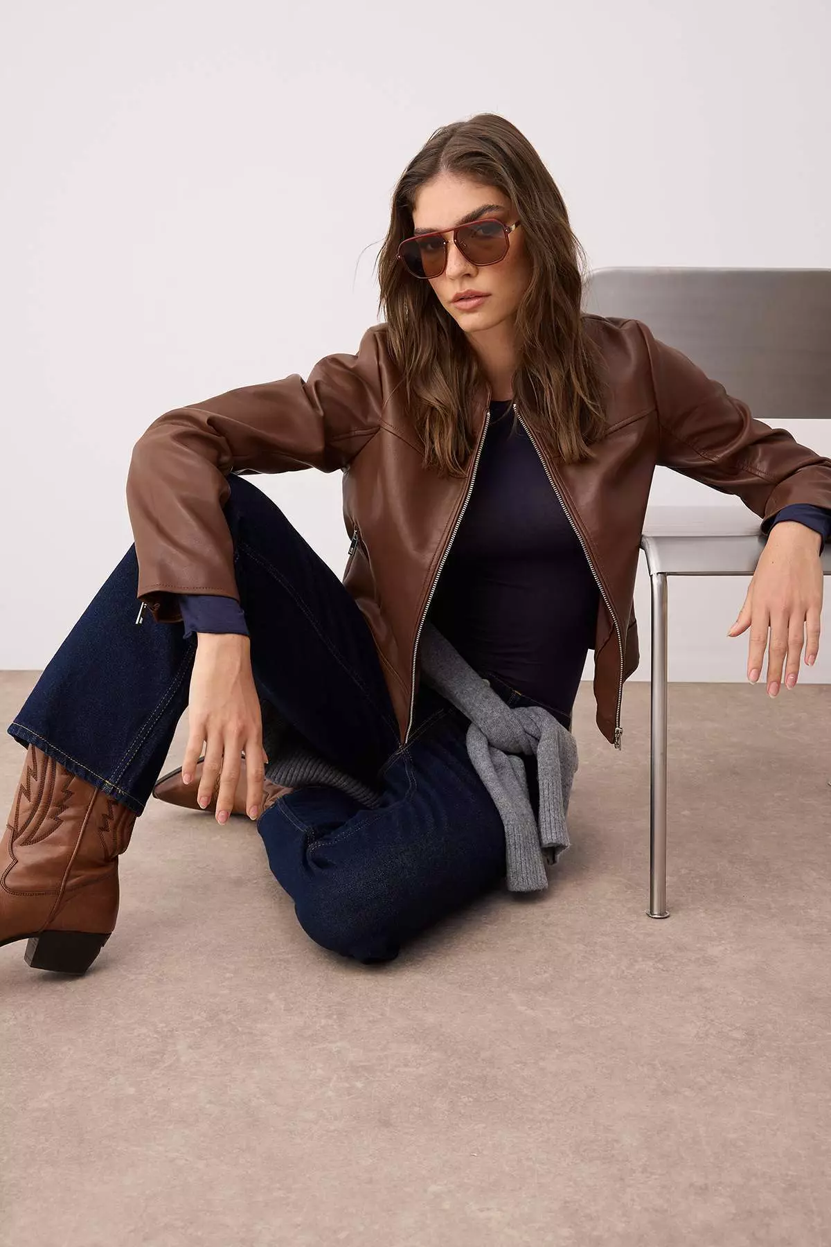 Dark Brown Fitted Mold Faux Leather Biker Slim Jacket Coats