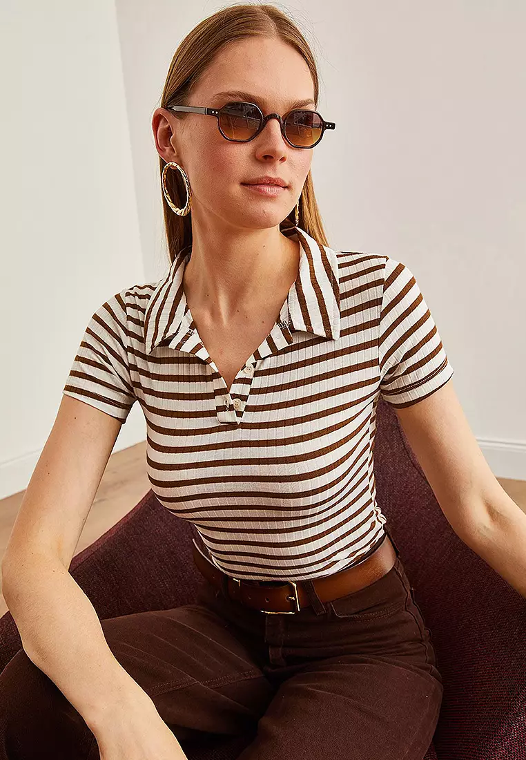 Women's Polo Neck Buttoned Lycra Blouse BLZ-19002558