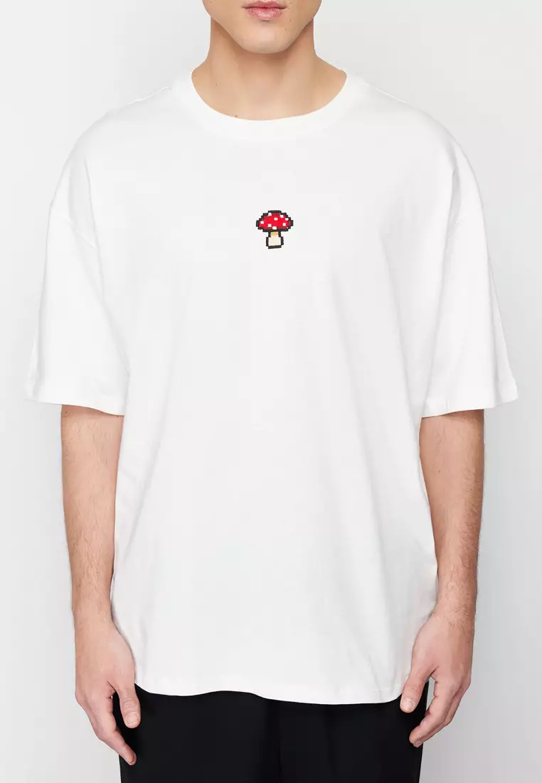 Ecru Unisex Oversize/Wide Cut Mushroom Embroidered 100% Cotton T-Shirt TMNSS24TS00070