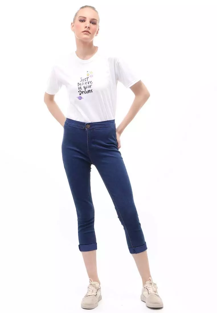 Jeans 7/9 Bawahan Wanita High Waist Design Simple Relaxed Fit - Navy