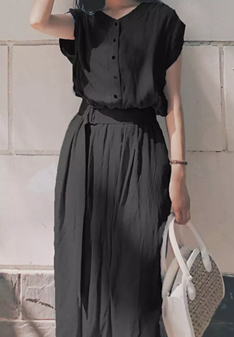 Chiffon Long Short Sleeve Cardigan Style One-Piece Dress A22022532BK