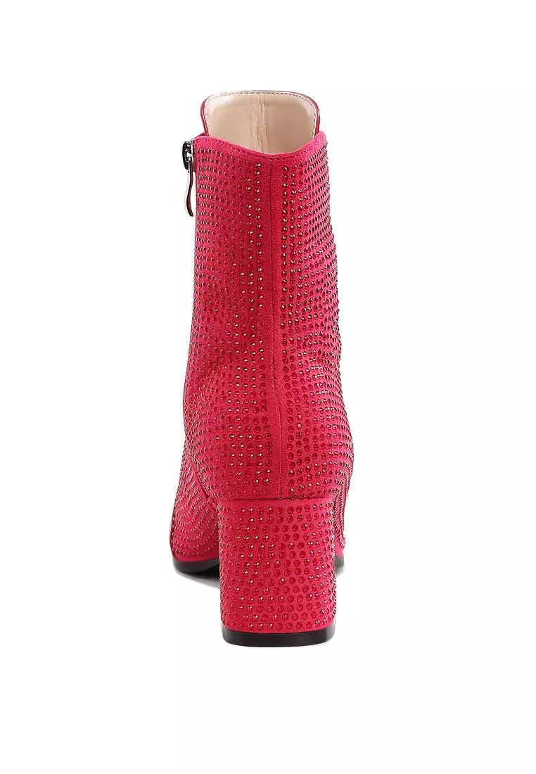Rhinestone Embellished Ankle Boots In Fushia