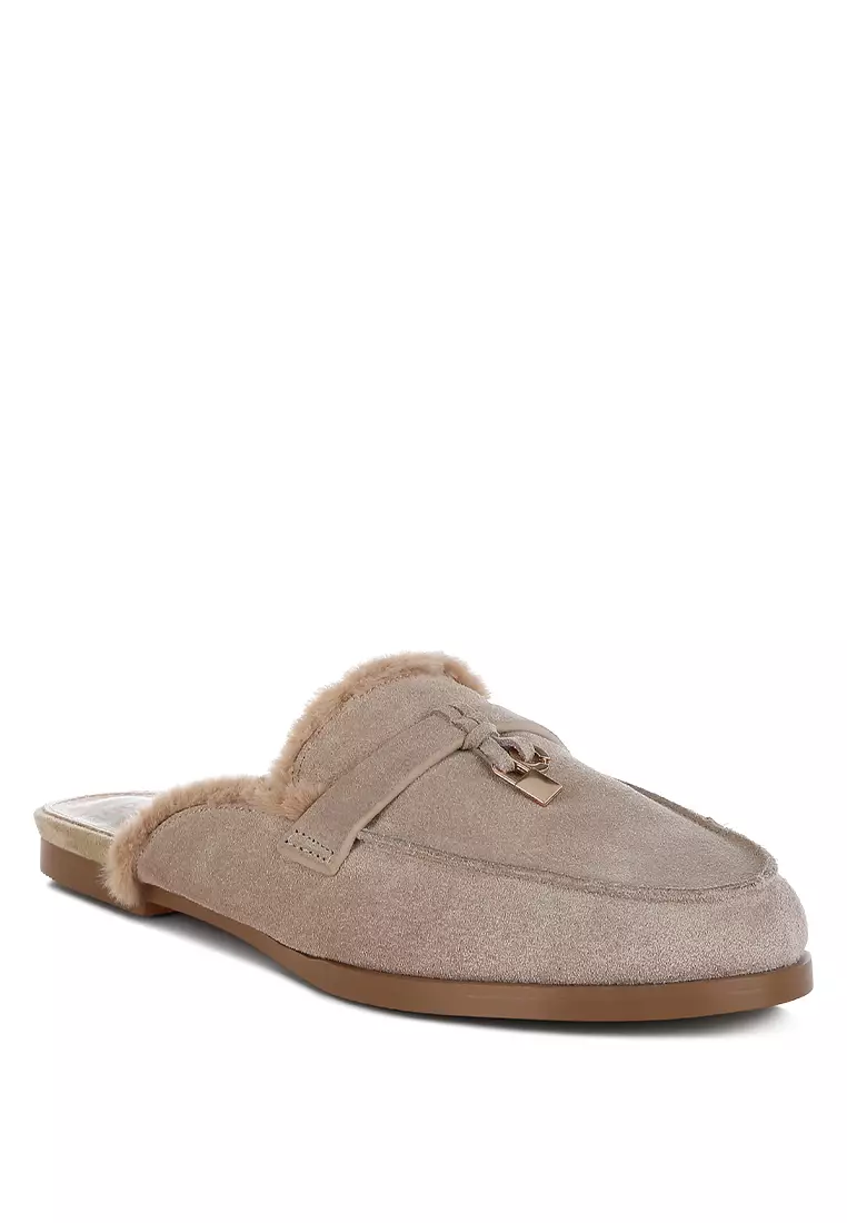 Suede & Faux Fur Slip-On Mules in Beige