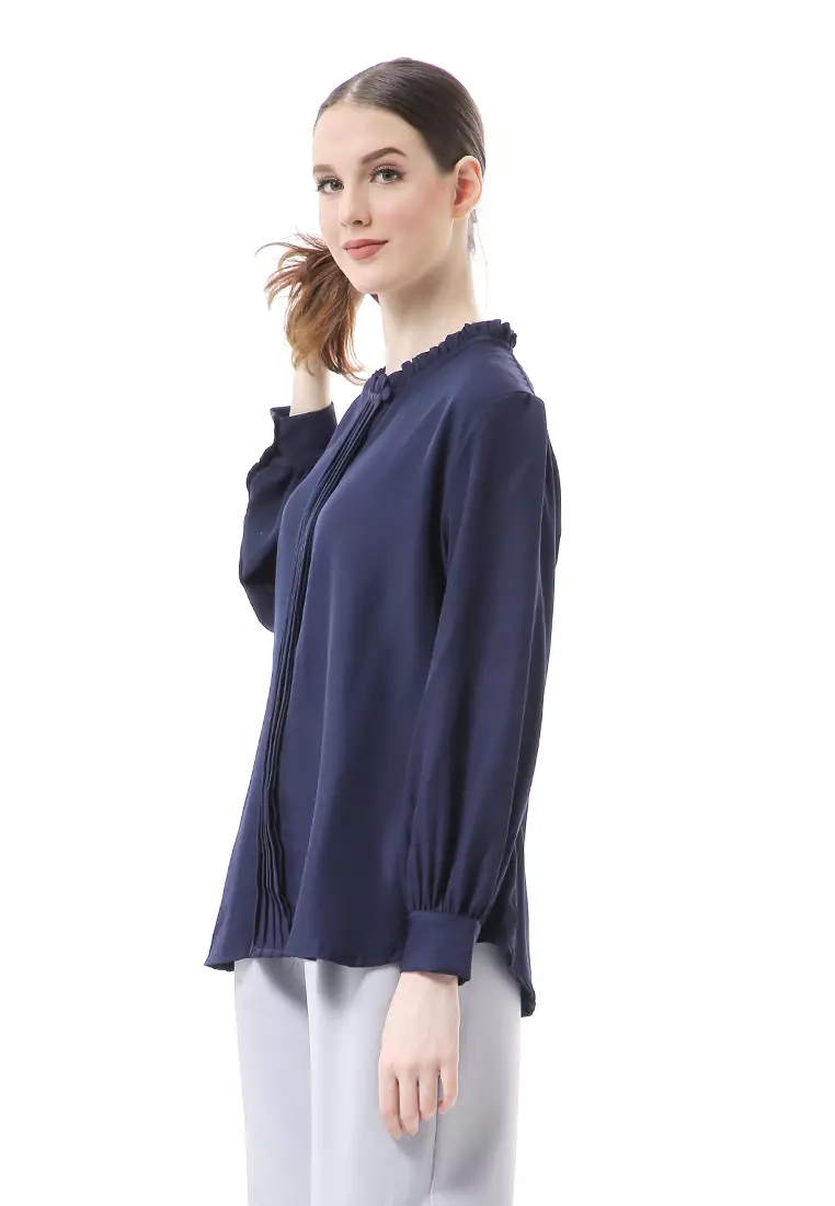 Vionka Kemeja Atasan Wanita Opnaisel Motif Polos - Navy