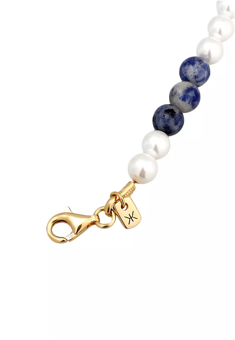 Bracelet Men Ball Agate Blue White Shell Pearls Gold Plated