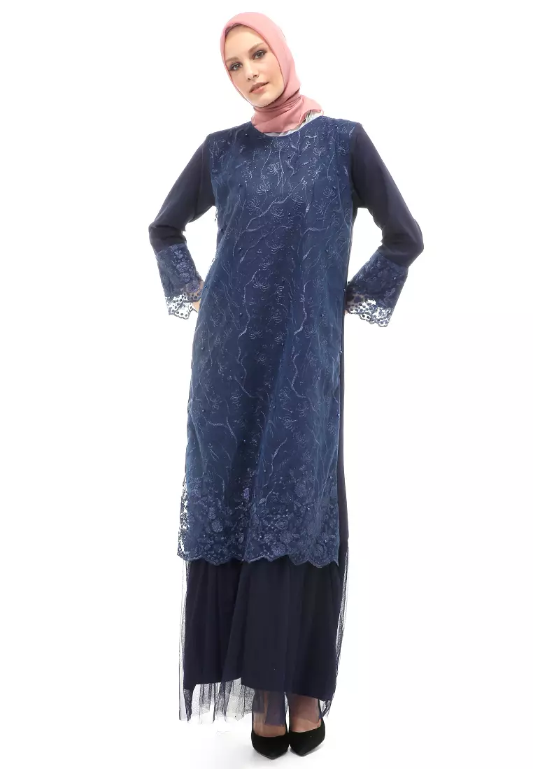 Diana Gamis Brukat Wanita Muslimah Lapis Moscrepe Premium Quality - Navy