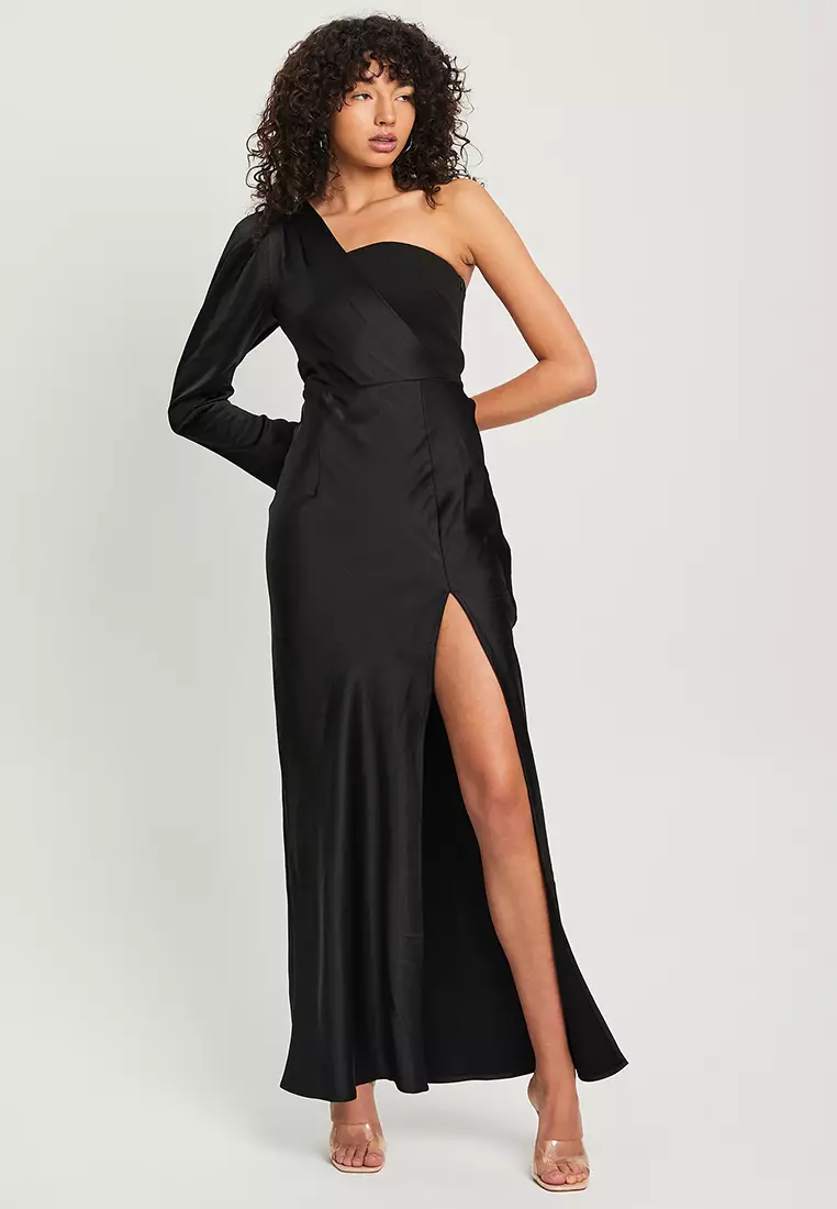 one sleeve black maxi dress