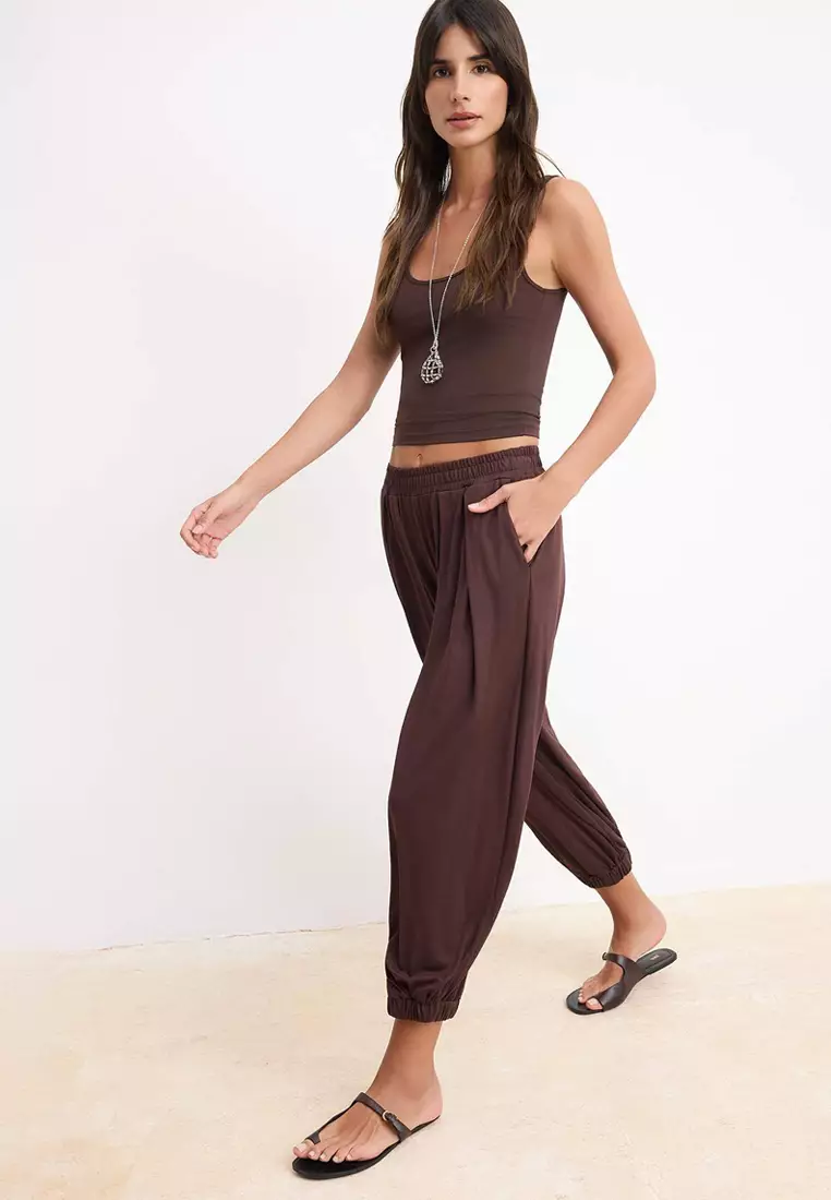 Brown Carrot/Shalwar Drawstring Regular Waist Pique Knitted Trousers Twoss26Pl4