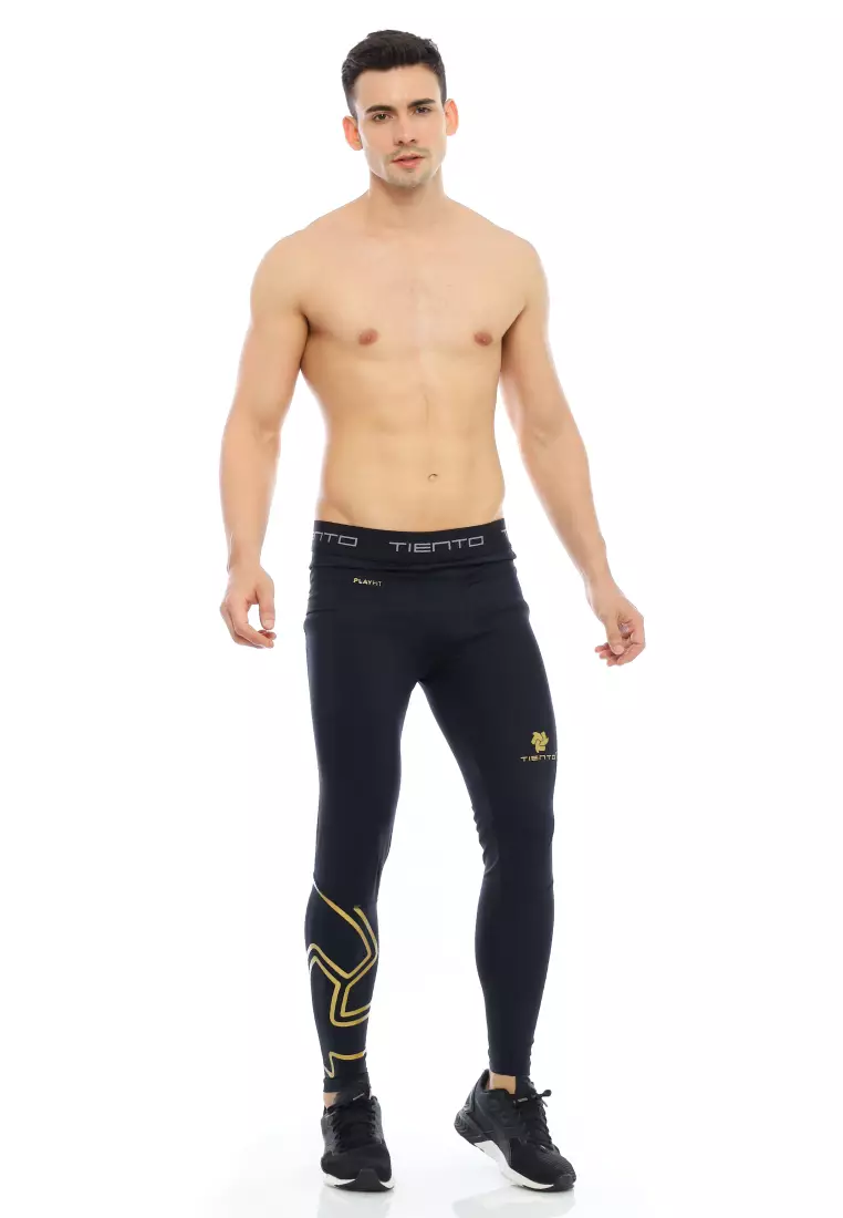 Tiento Baselayer Leging Celana Panjang Ketat Olahraga Pria Legging Sport Long Pants EXO Series Black Gold Men