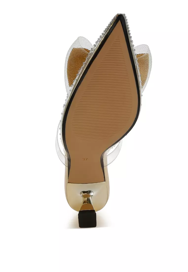 Sepatu Hak Kucing Busur yang Dihiasi dengan Warna Emas