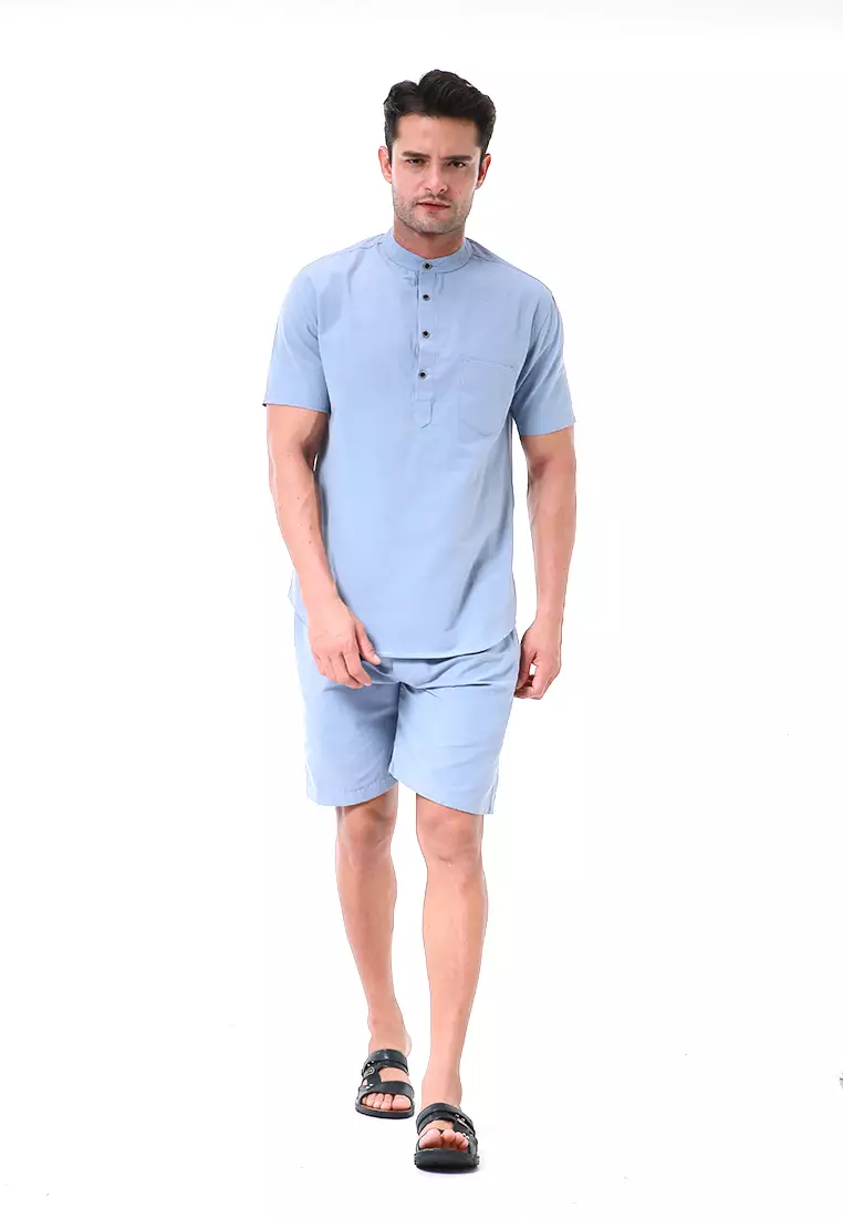 Vincent Kurta Set Pendek Motif Polos Setelan Pria Short Sleeve Material Cotton ORIGINAL - Gray
