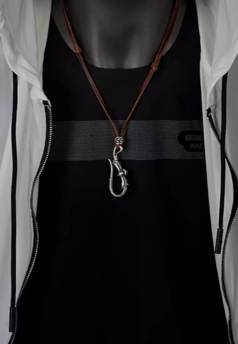 Aksesoris Kalung Kulit Pria Eagle Claw Hook  Leather Necklace Brown & Silver