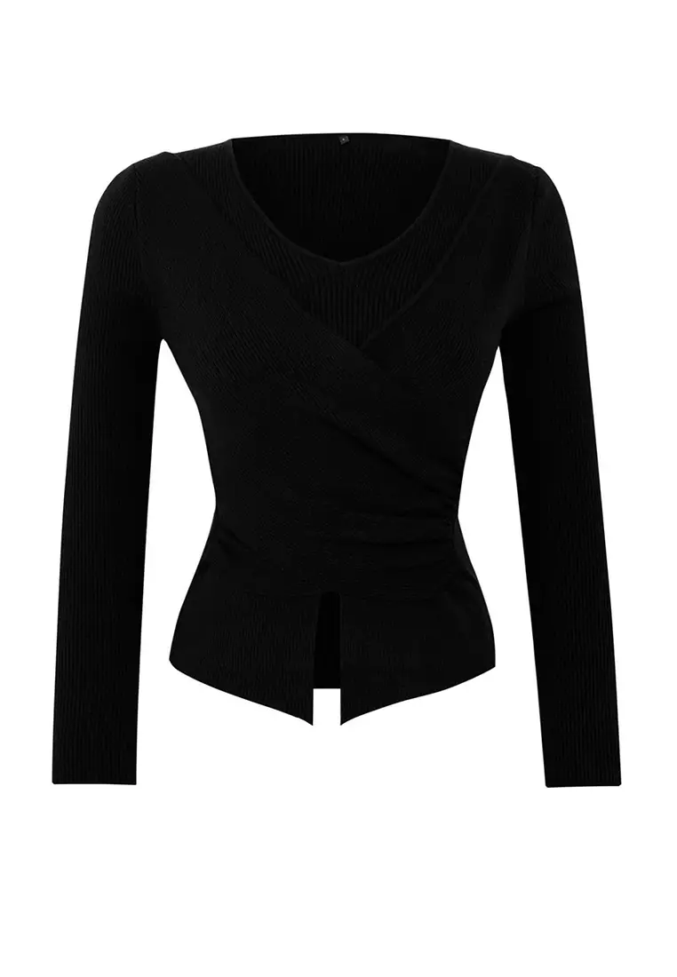 Black Premium Yarn/Special Yarn Fitted/Skin Fitting Top Drape Knitwear Sweater