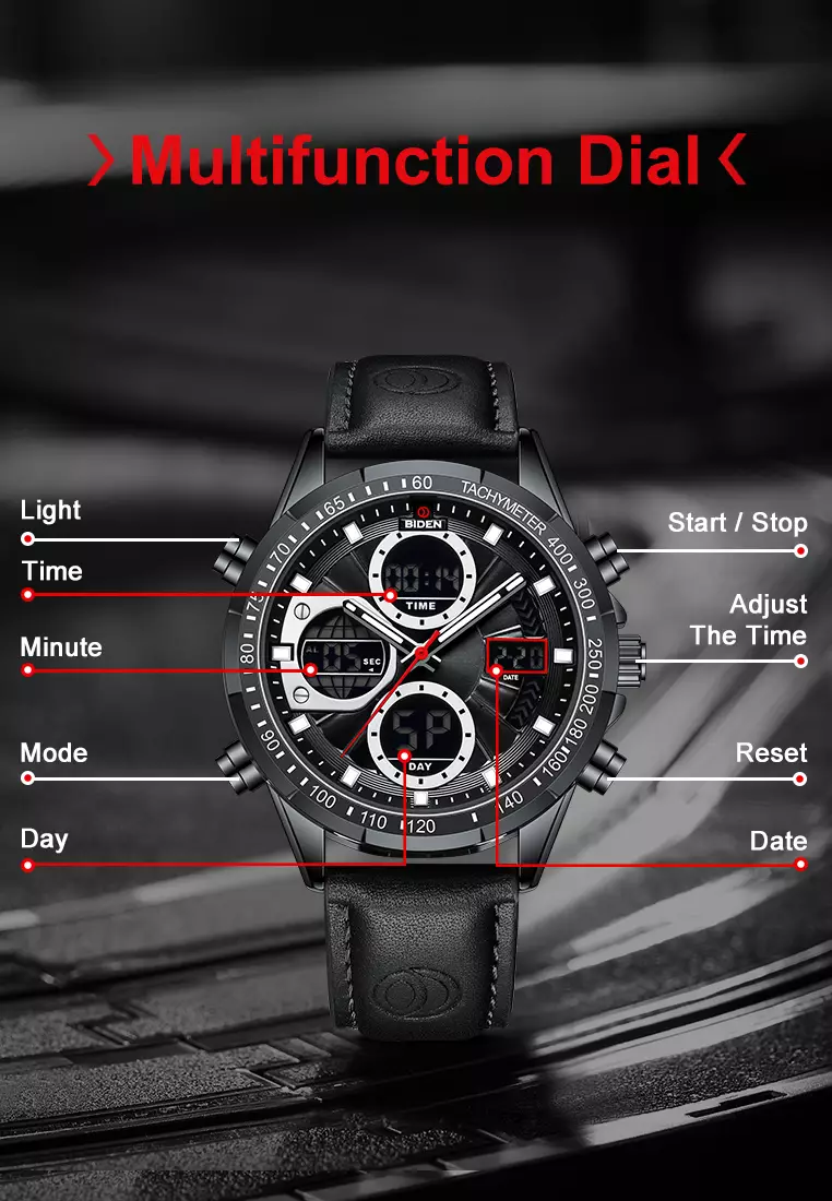 Jam Tangan Pria Original Multifungsi Analog&Digital Tali Kulit Olahraga Anti Air Jam Tangan Cowok allblack