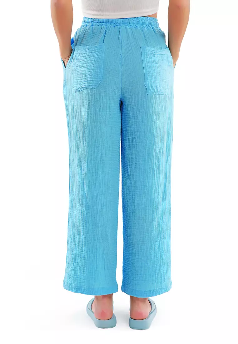 Bright Blue Drawstring Casual Lounge Wide Pants
