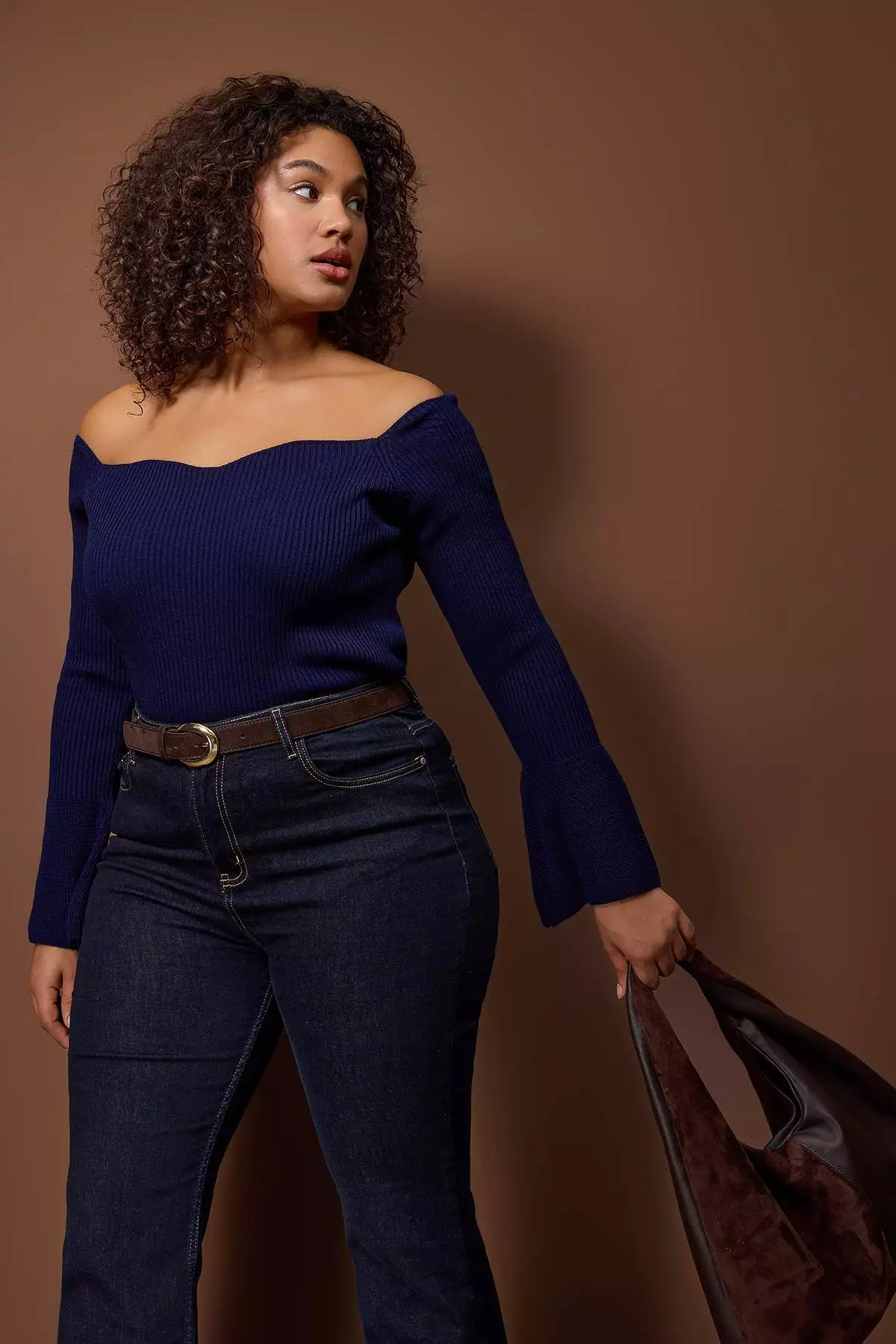 Navy Blue Corded Fabric Carmen Collar Knitwear Sweater Tbbaw26An00031